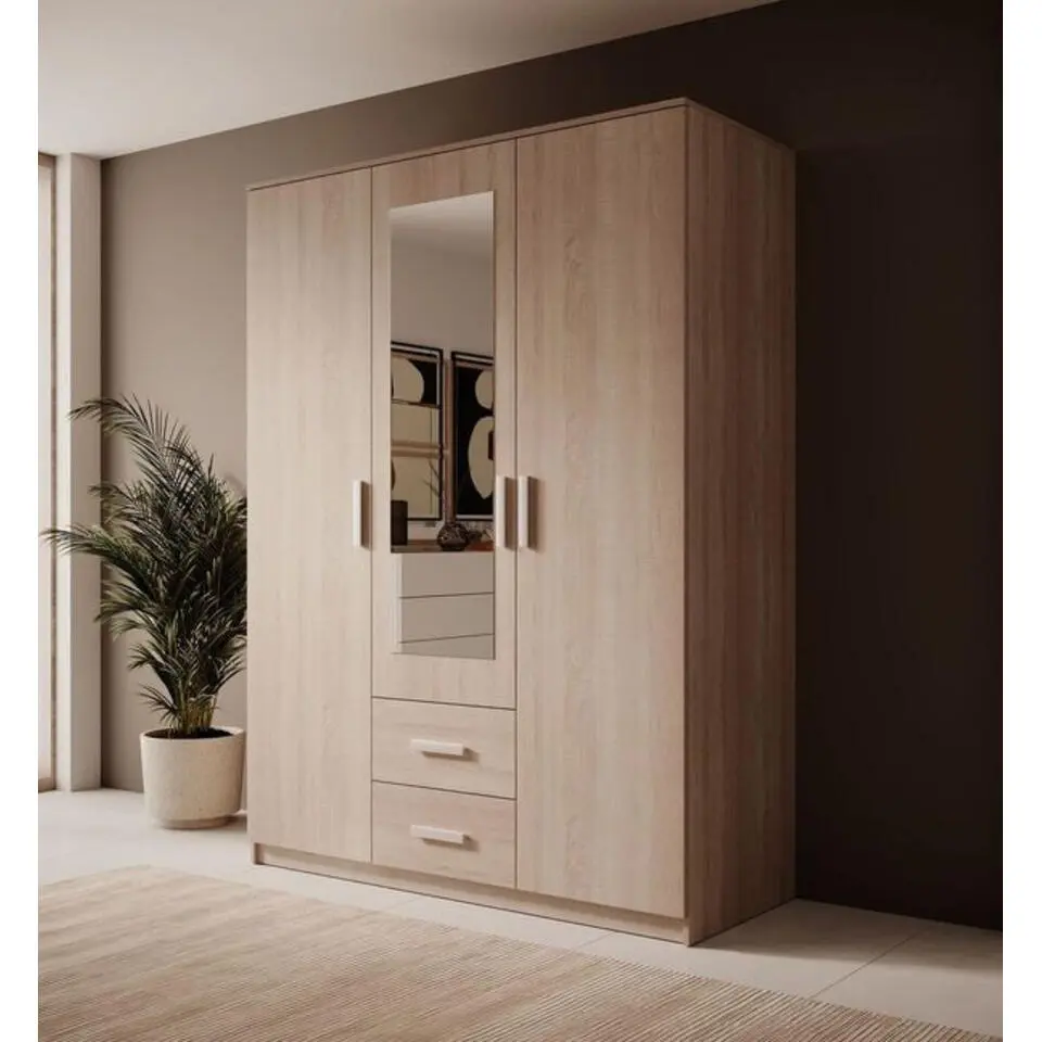 Meubella - Kledingkast Tyko - Licht eiken - 150 cm - Met spiegel