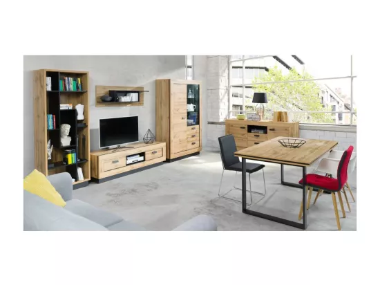 Meuble TV MALAGA - Coloris chêne Wotan et noir - Style industriel - 120 x 45 x 48 cm