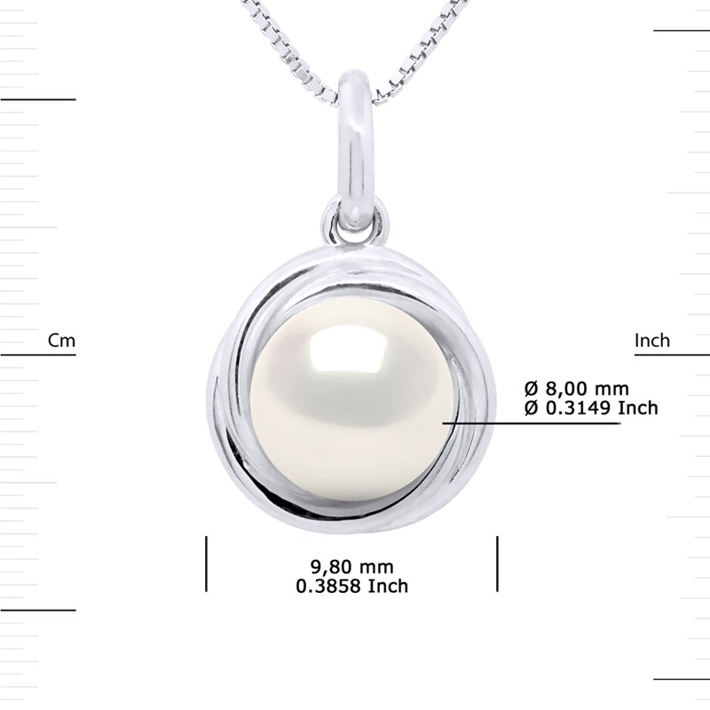 Pendentif Entourage Stylisé - Véritable Perle de Culture d'Eau Douce Ronde 10-11 mm - Blanc Naturel - Or Blanc