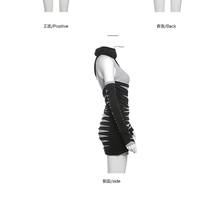 Bababy - Set: Mouwloze, opstaande kraag, tweekleurige, uitgeholde bodycon mini-jurk + mouwen