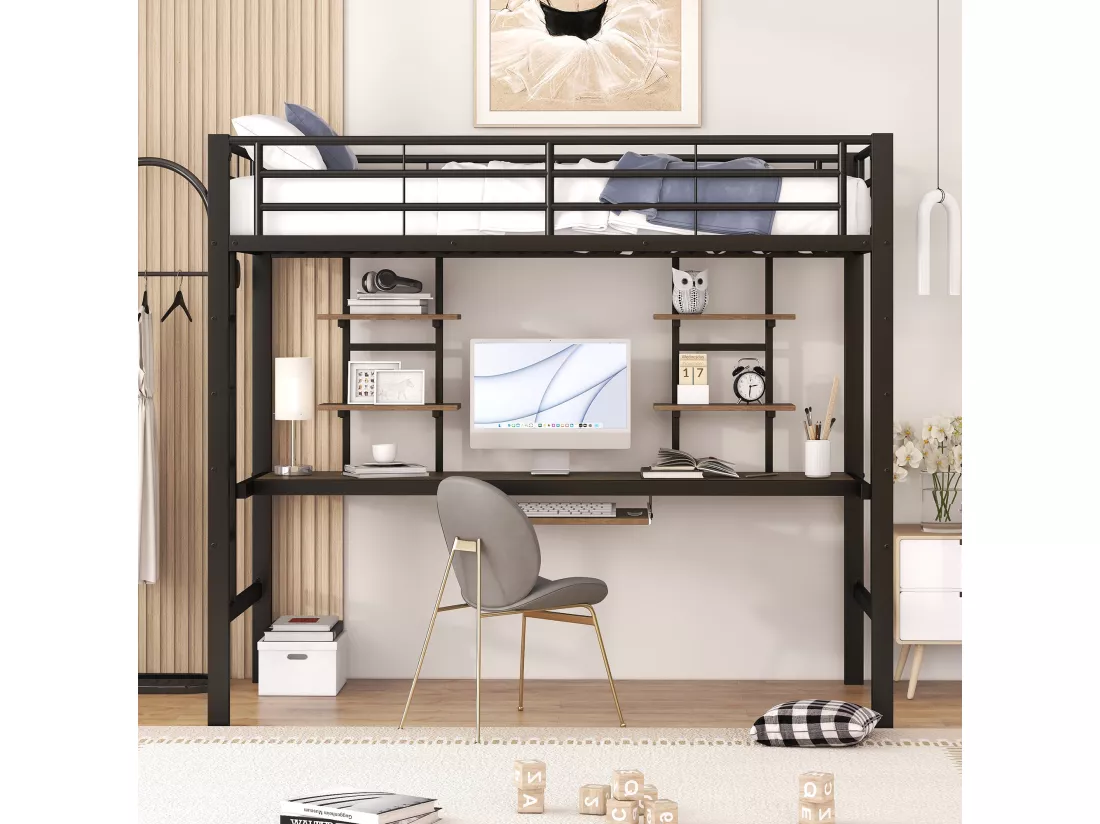 Lit mezzanine métallique noir avec bureau et deux étagères pour adolescents et adultes 90x200cm GUUQNOKS