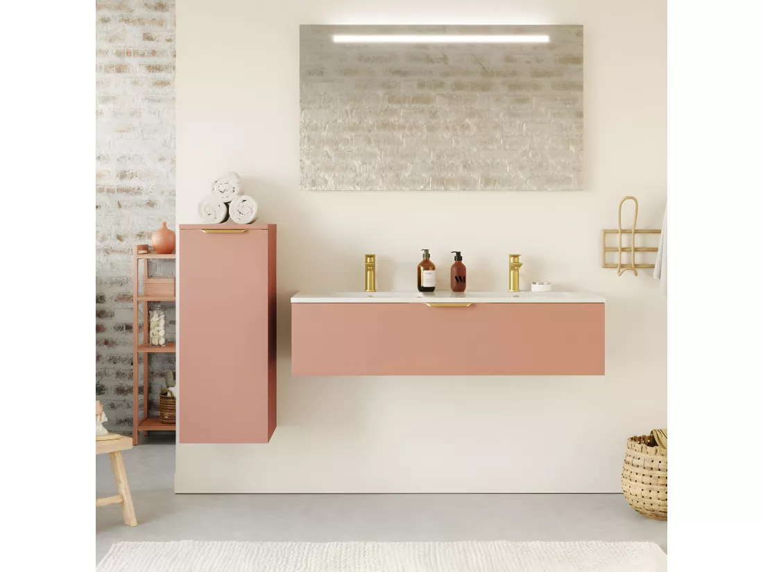 Meuble de salle de bain suspendu double vasque intégrée 120cm 1 tiroir Abricot - Venice
