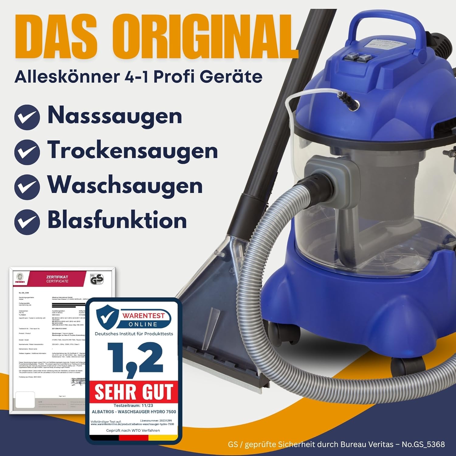 ALBATROS Hydro 7500 Waschsauger + 1L Reiniger – XXL Polsterreiniger Teppichreiniger Nasssauger – 1200 Watt, 20l Volumen, 22 kPa Saugleistung - Note: Sehr Gut