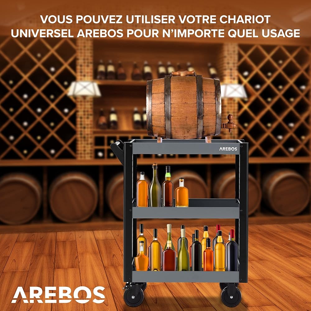 Arebos Chariot de Service 3 Compartiments | Chariot d'atelier | Chariot à Outils | Chariot pour Le Transport et Le Stockage | Chariot à Plateaux Multifonctions | 3 Plateaux : Commerce, Industrie et Science