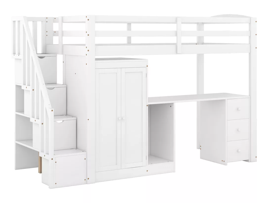 Lit mezzanine 90 x 200 avec armoire et escalier, bureau et tiroirs - Pin + MDF - Blanc