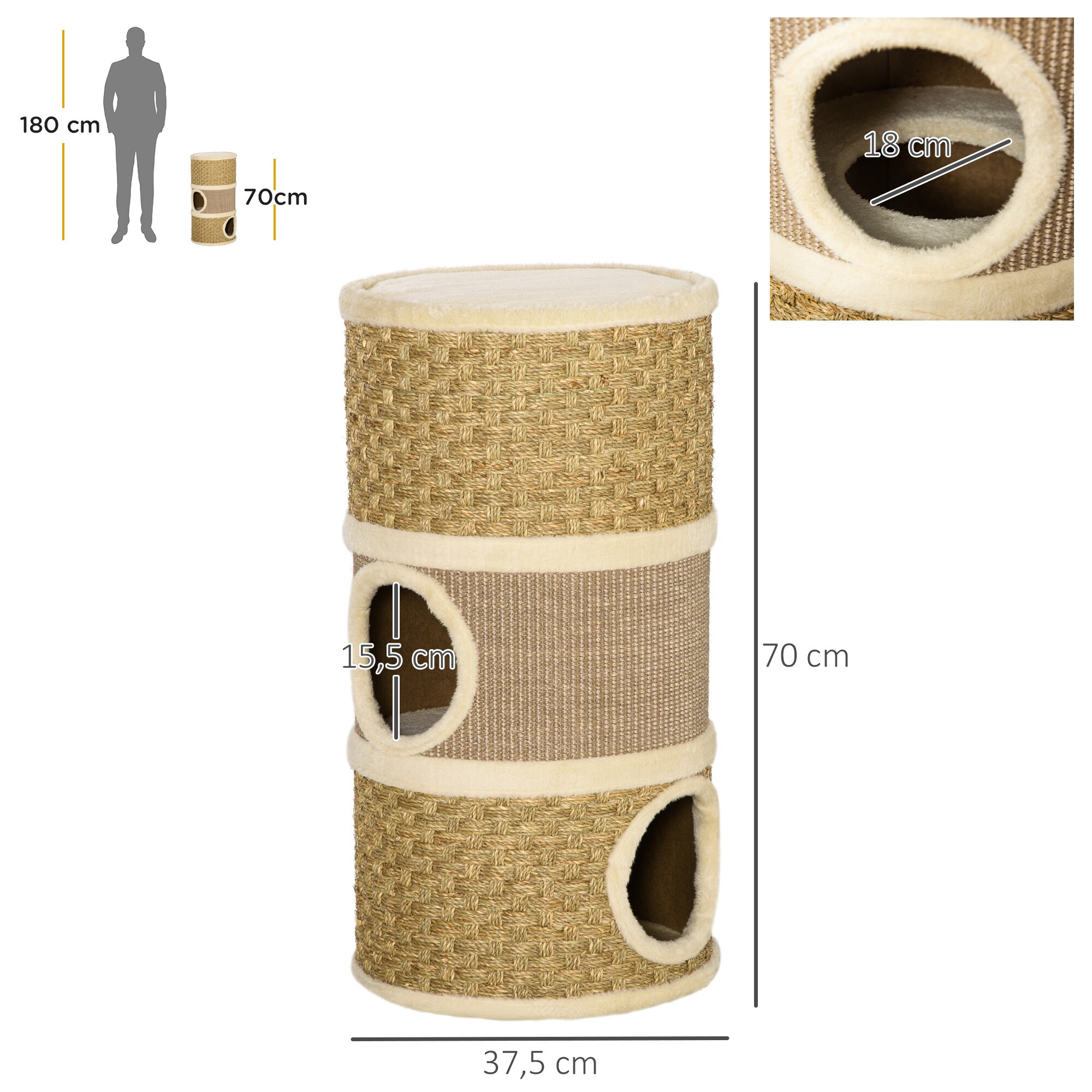 PawHut Katzenkratzturm 3 Stockwerke, Kratzbaum Khaki, Braun 37,5 x 37,5 x 70 cm (LxBxH)