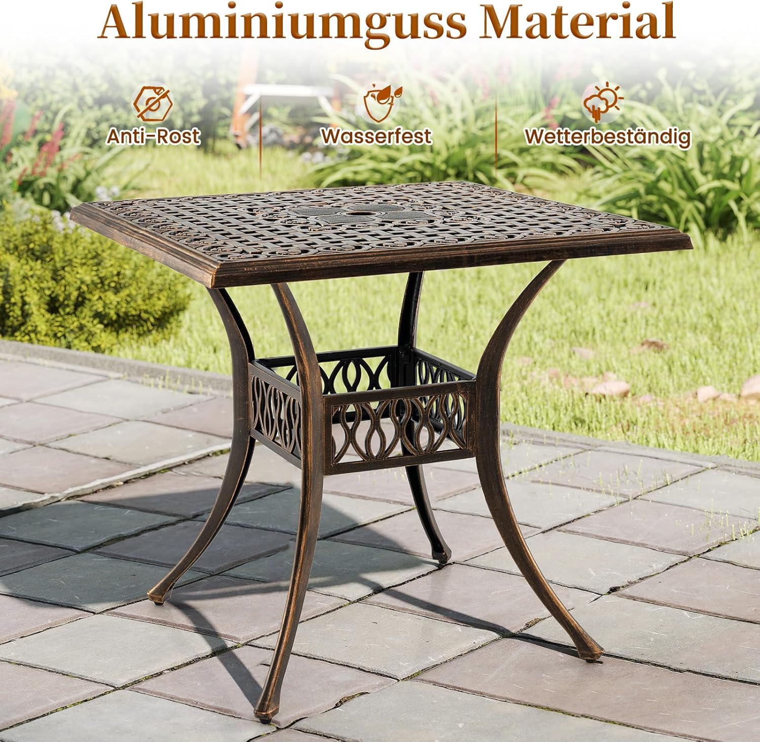 COSTWAY Gartentisch mit Schirmloch, 80x80x75cm, quadratischer Balkontisch aus Aluminiumguss, wetterfester Terrassentisch für 4 Personen, Outdoor-Esstisch für Garten