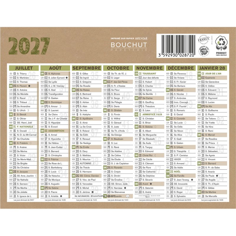 Calendrier semestriel mural 2027 - natura - 13,5 x 17,5 cm