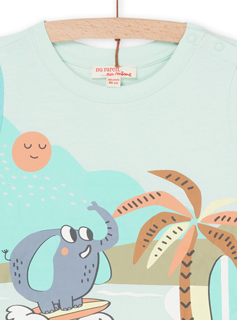 T-shirt vert d'eau à motifs éléphant surfeur et plage