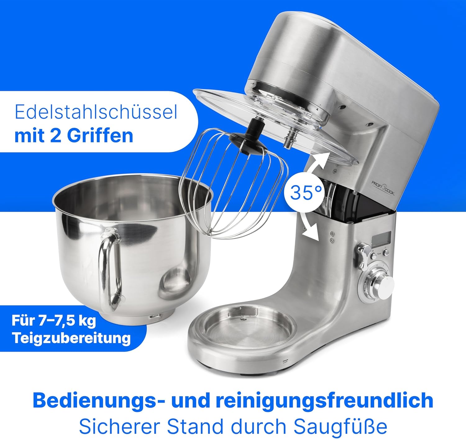ProfiCook® Küchenmaschine mit XXXL-Edelstahlschüssel | Rühgerät 10L mit 1500W Motor | Knetmaschine inkl. Haken & Schneebesen | Teigknetmaschine Spritzschutz mit Nachfüllöffnung | PC-KM 1096