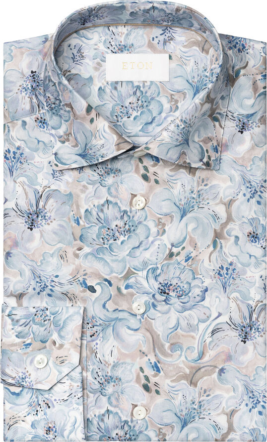 ETON Slim Fit Light Blue Floral Print Fine Twill Shirt Blå