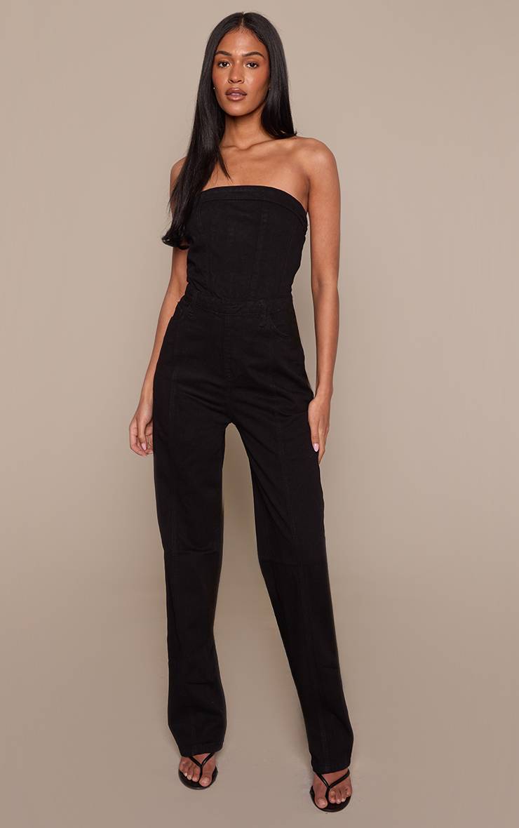 Noir Combinaison Tall En Denim À Jambe Droite Et Bustier Bandeau