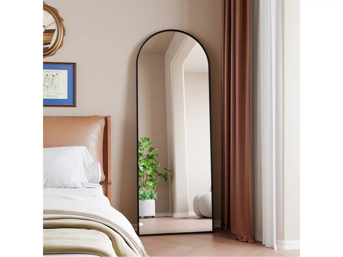 Miroir pleine longueur 162 x 53 cm, sur pied, suspendu ou appuyé, grand miroir de sol avec cadre en alliage d'aluminium noir pour salon ou chambre à coucher, Arc