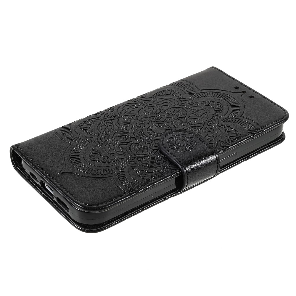 iPhone 13 Pro Leder Tasche Wallet - Mandala Flowers Imprint - Schwarz