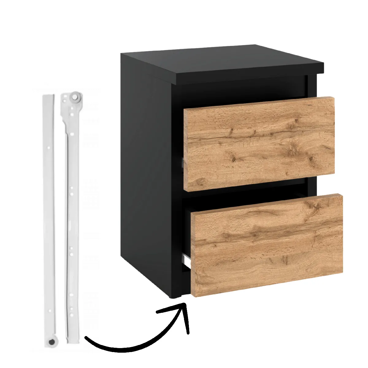 Table de chevet - Noir/Wotan - 30 cm - 2 tiroirs