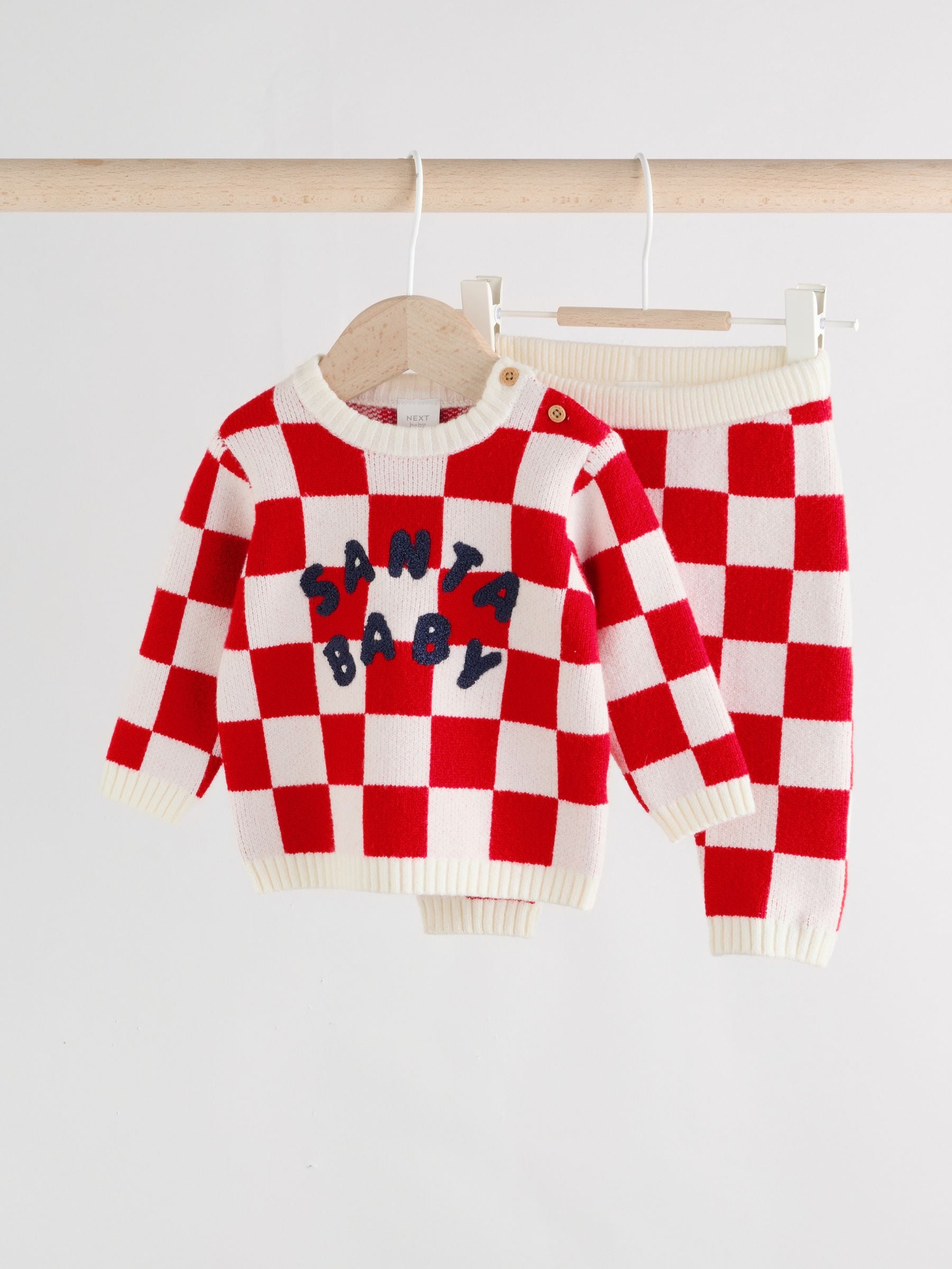 Rood Kerstman dambord - Kerst babytrui en leggings set (0mnd-2jr)
