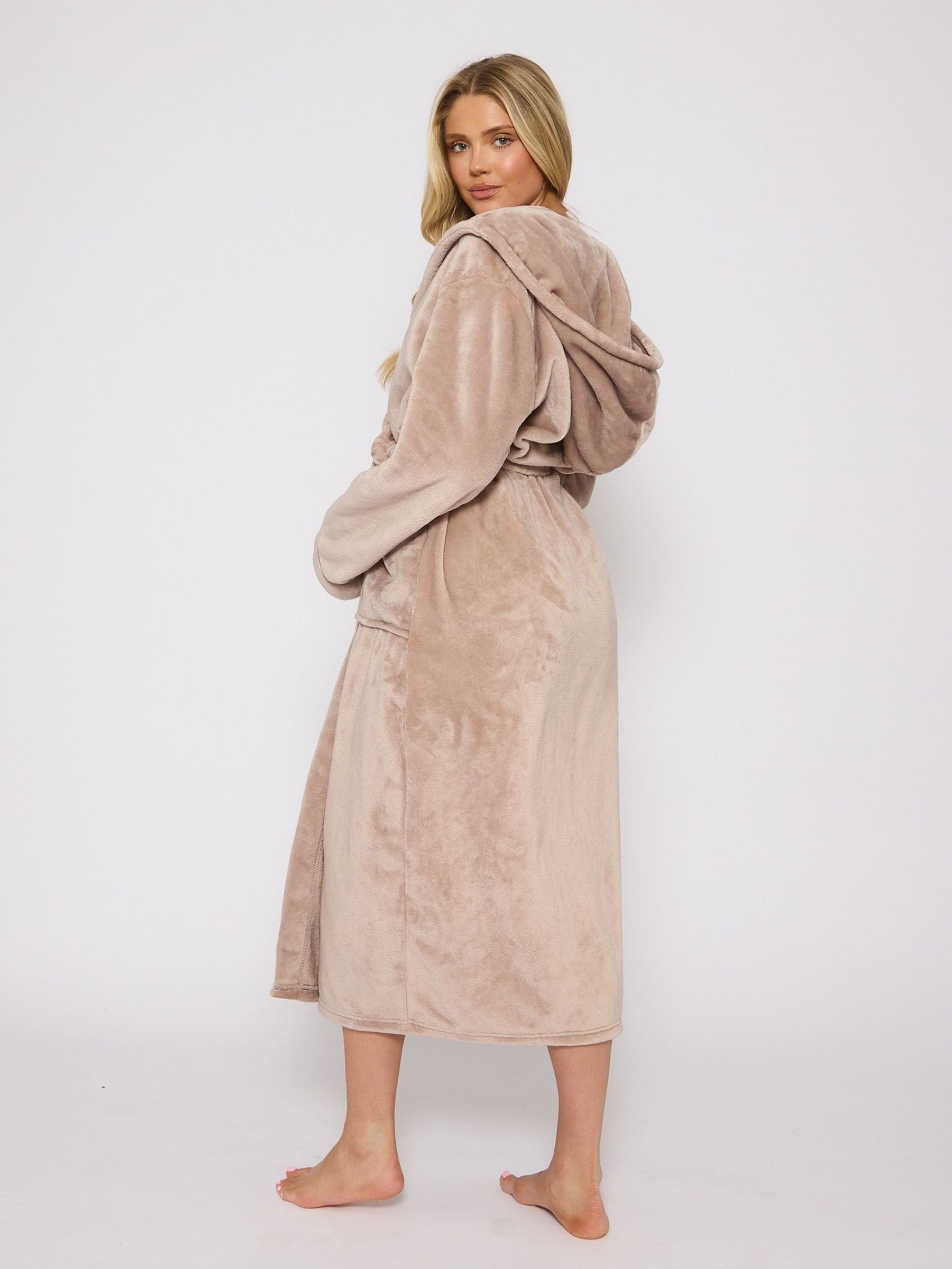Taupe - Loungeable Christmas Ribbon Trim Luxury Fleece Hooded Maxi Robe