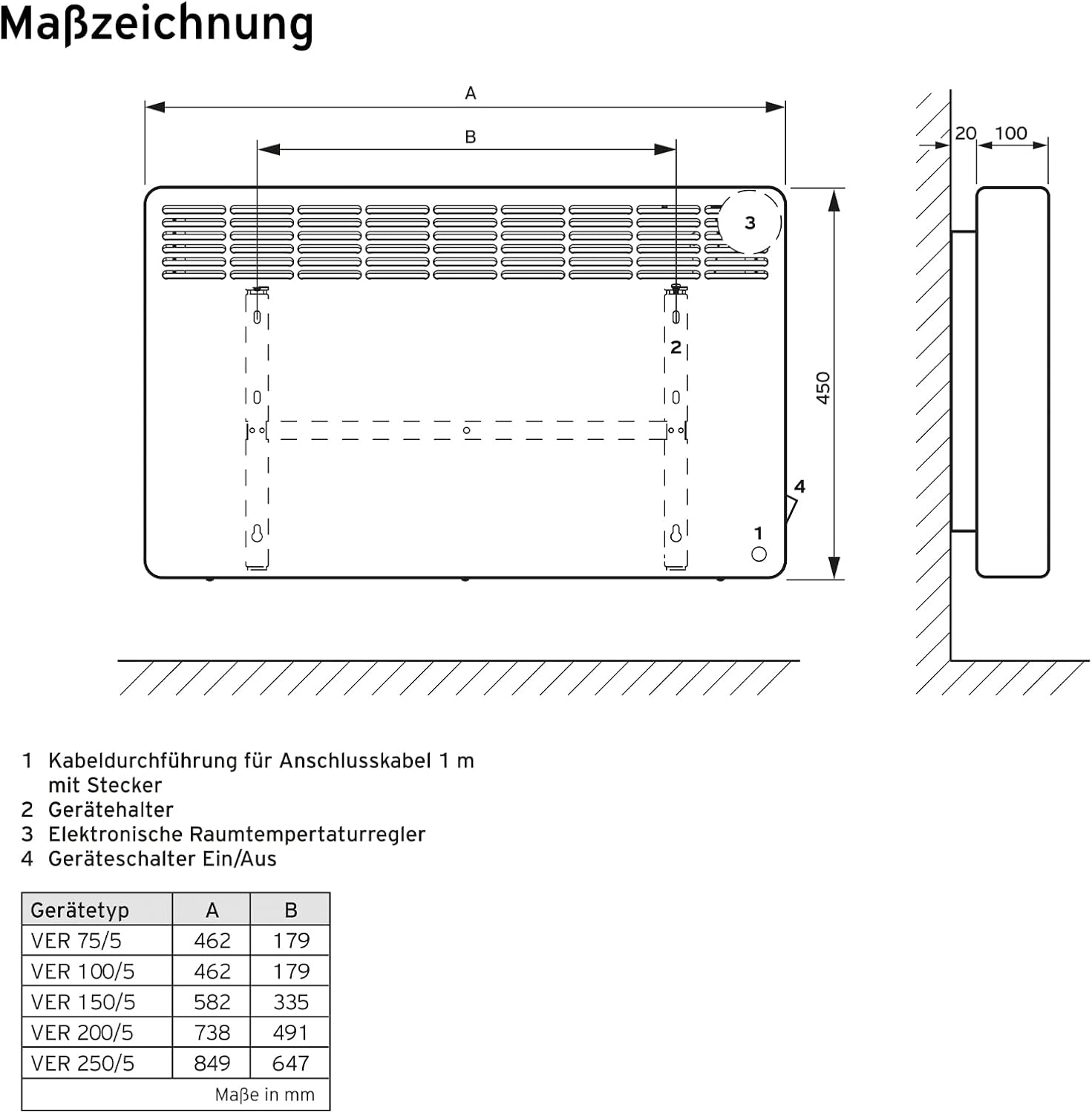 Vaillant eloMENT VER 75/5 Wandkonvektor für ca. 7,5 m2 (weiß), 230V, 0,8 kW Heizleistung, Elektroheizkörper für zuverlässige und schnelle Wärme, wandhängend, 0010023955