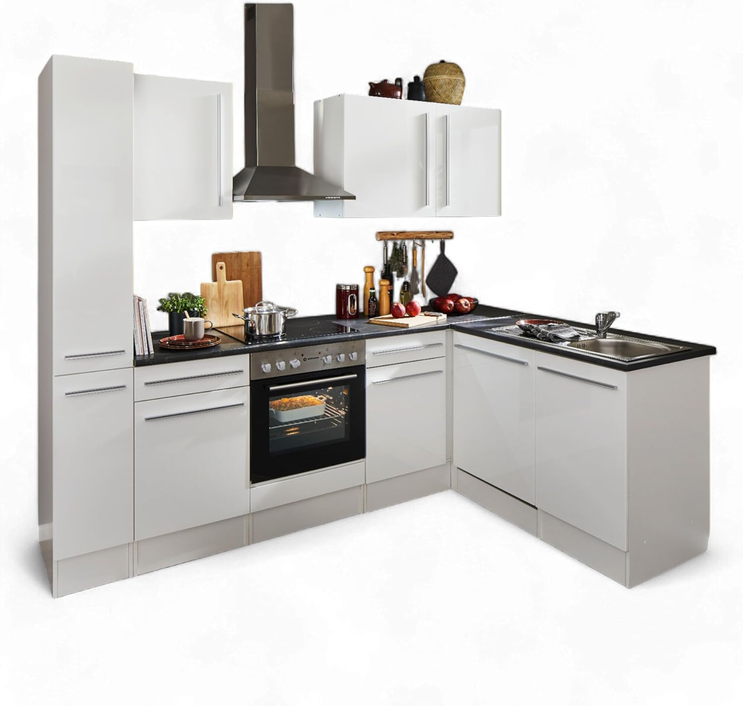 Stella Trading Jazz 8 Moderne Eckküche mit Elektrogeräten in Weiß Hochglanz, Metallic Grau - Geräumige Küchenzeile in L-Form mit viel Stauraum - 250 x 211 x 60 cm (B/H/T)