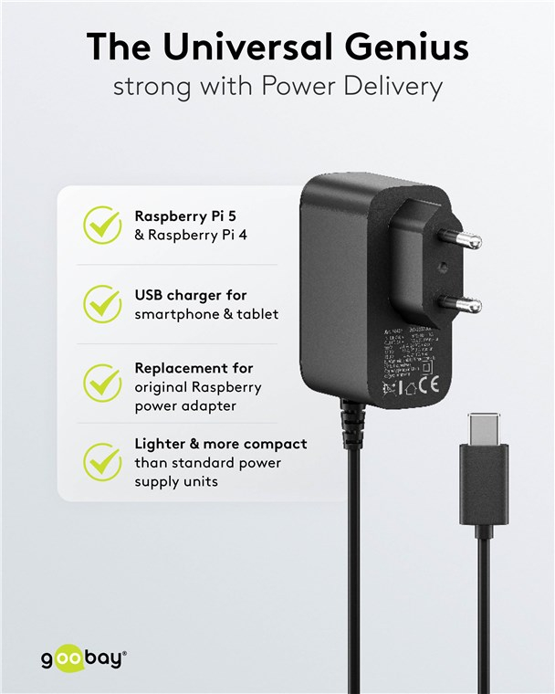 (27W) Raspberry Pi 5 USB C Ladegerät Netzteil inkl. USB C Ladekabel (74437) - Schwarz
