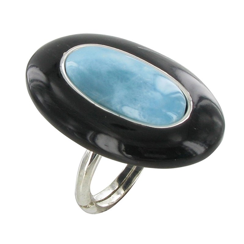 Bague Argent Ovale Corne Noir et Larimar