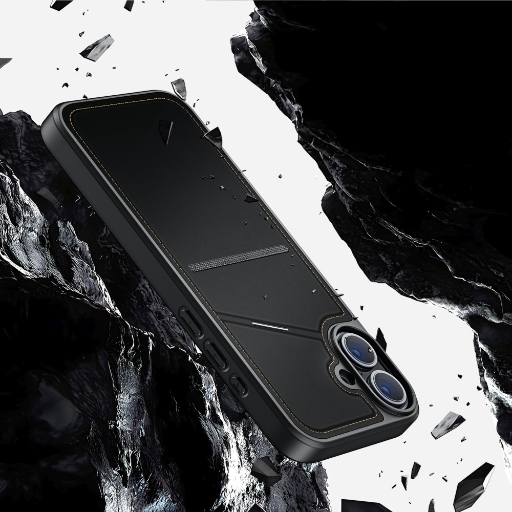 iPhone 16 Plus MagSafe Hybrid Leder Hülle mit Kartenfach   Kickstand Aufsteller (RFID Schutz) - Schwarz