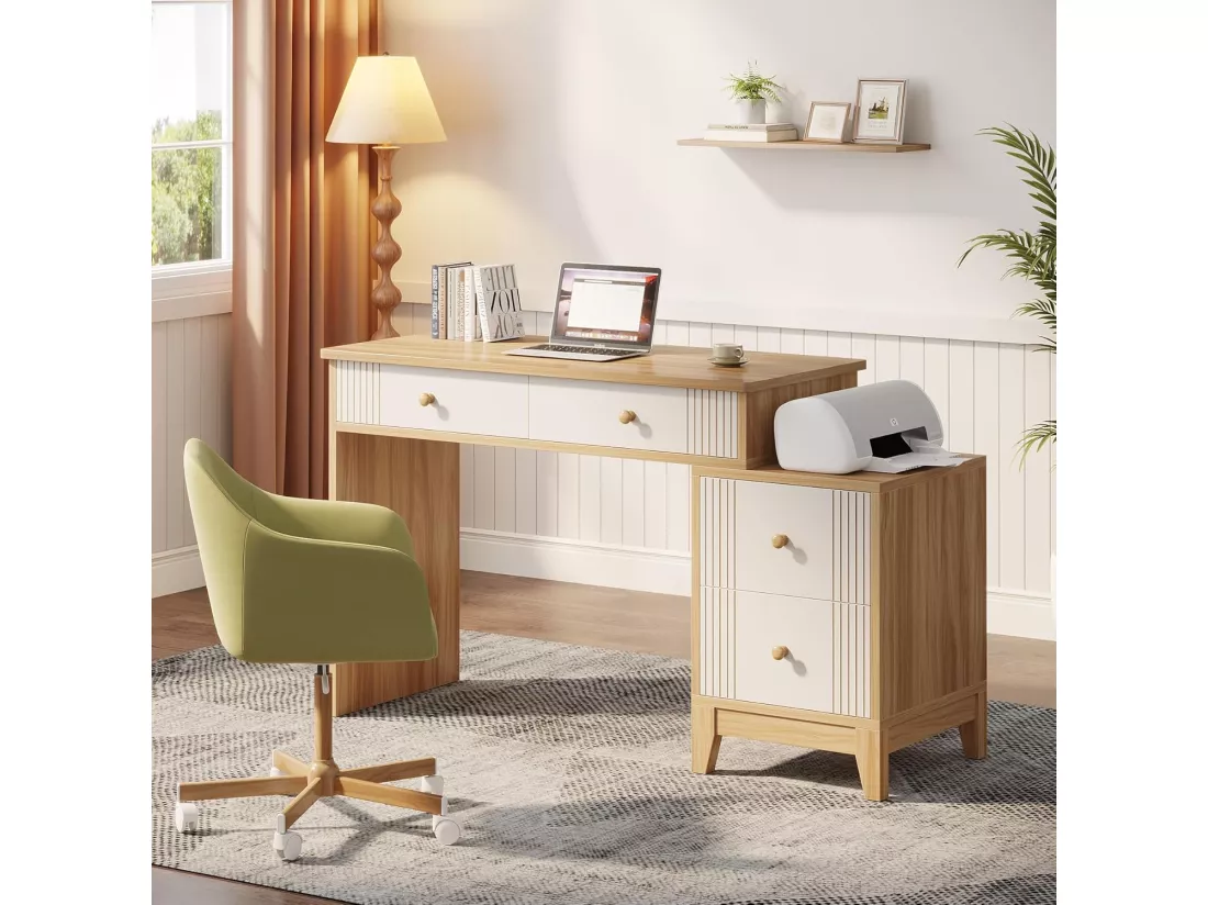 Bureau d'ordinateur avec 4 tiroirs, bureau à domicile avec rangement, bureau de direction moderne en bois, bureau d'étude