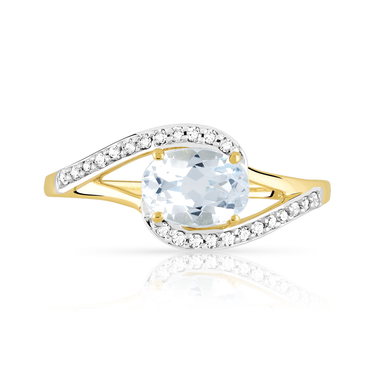 Bague or 375 2 tons ajourée topaze bleue traitée ovale et diamants