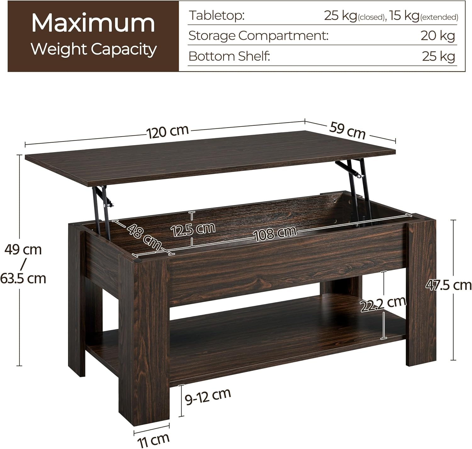 Yaheetech Couchtisch Höhenverstellbarer Kaffeetisch mit verstecktem Stauraum und Platte Sofatisch Wohnzimmertisch aus Holz Beistelltisch für Wohnzimmer/Büro, Espresso