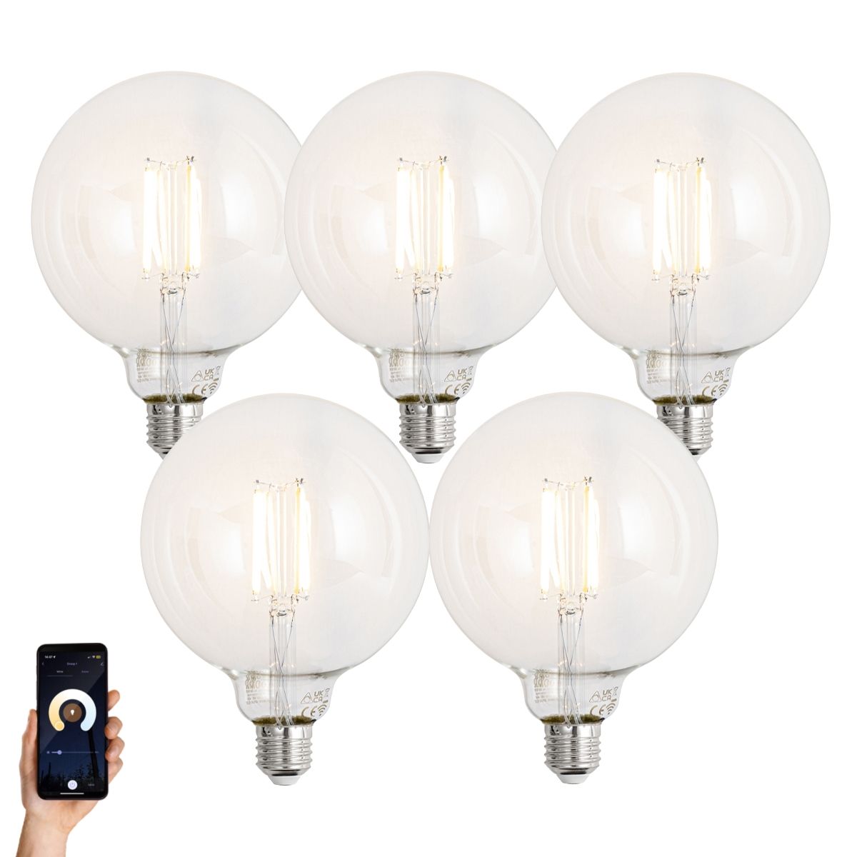 Set van 5 Smart E27 dimbare LED lampen G125 helder 7W 806 lm 2700-6500K
