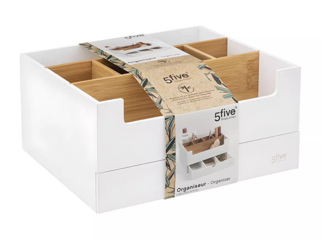 Organiseur Rangement maquillage 1 Tiroir 9 compartiments Blanc et Bambou