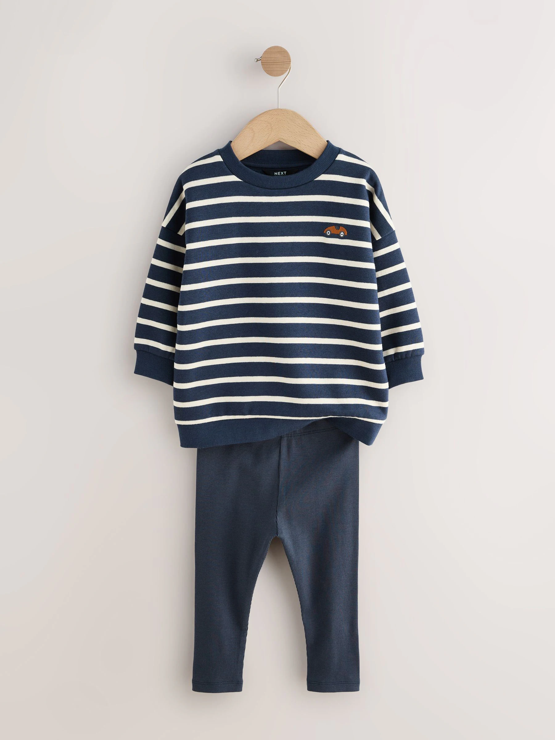 Blue/White Stripe/Car - Set van 2 sweatshirts en leggings (3mnd -7jr)
