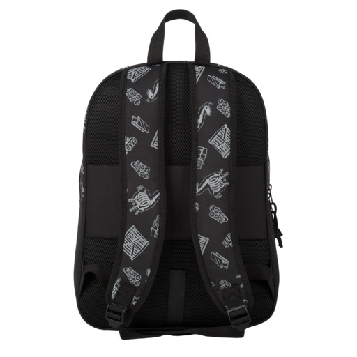 Mochila escolar Fortnite preta escura, com dois compartimentos e adaptável a carrinhos.