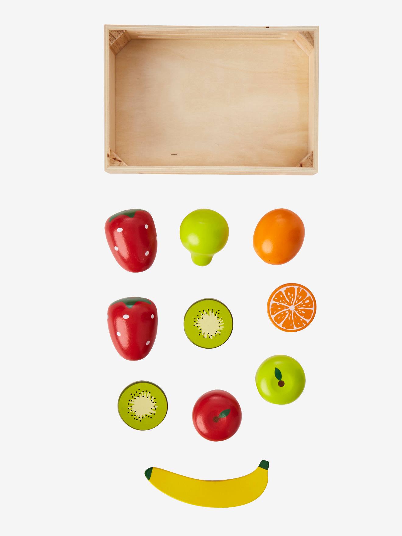 Caixa de frutas de madeira para cozinha de brinquedo, multicolorida