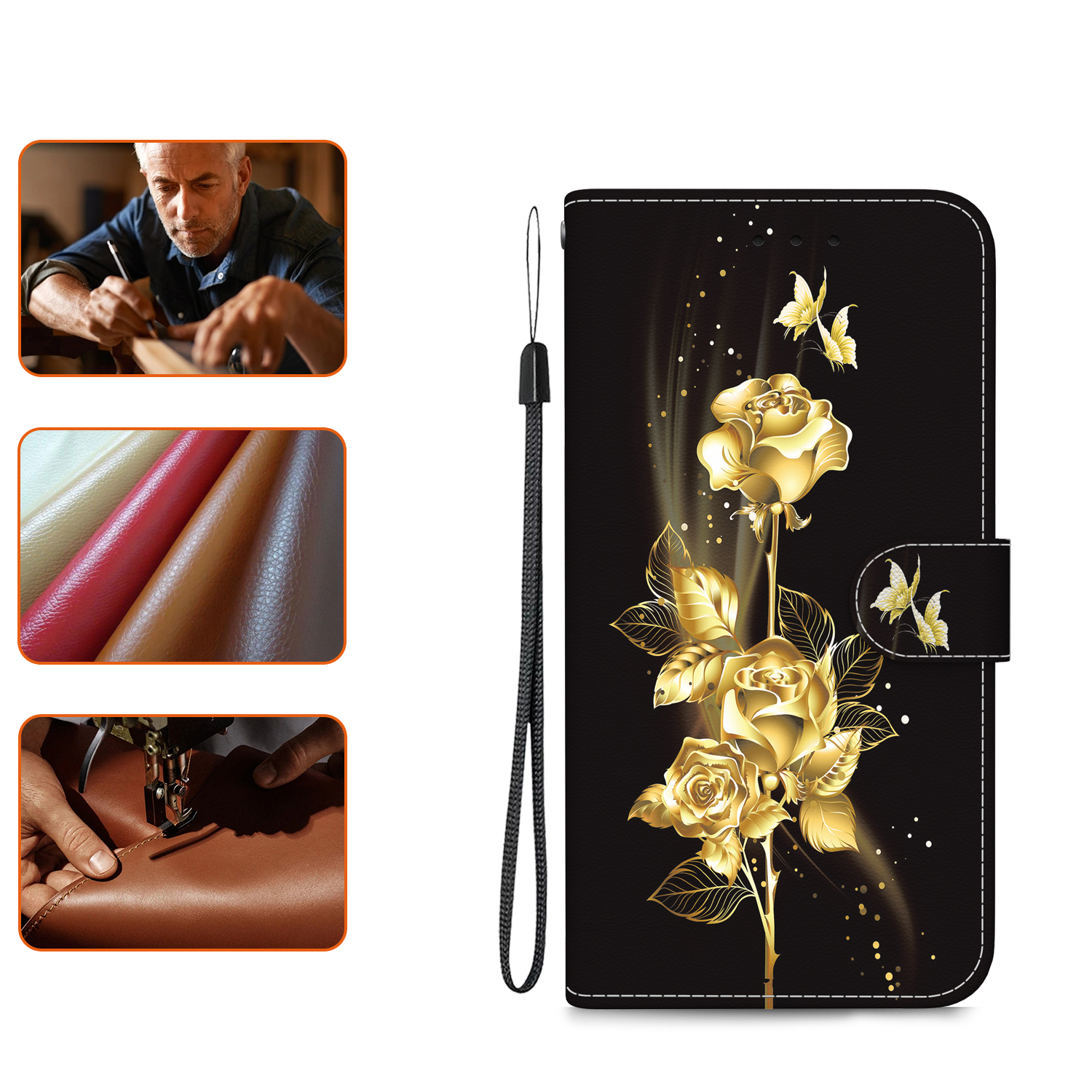 Samsung Galaxy S24 FE Leder Tasche mit Kartenfach   Handschlaufe - Goldene Rosen