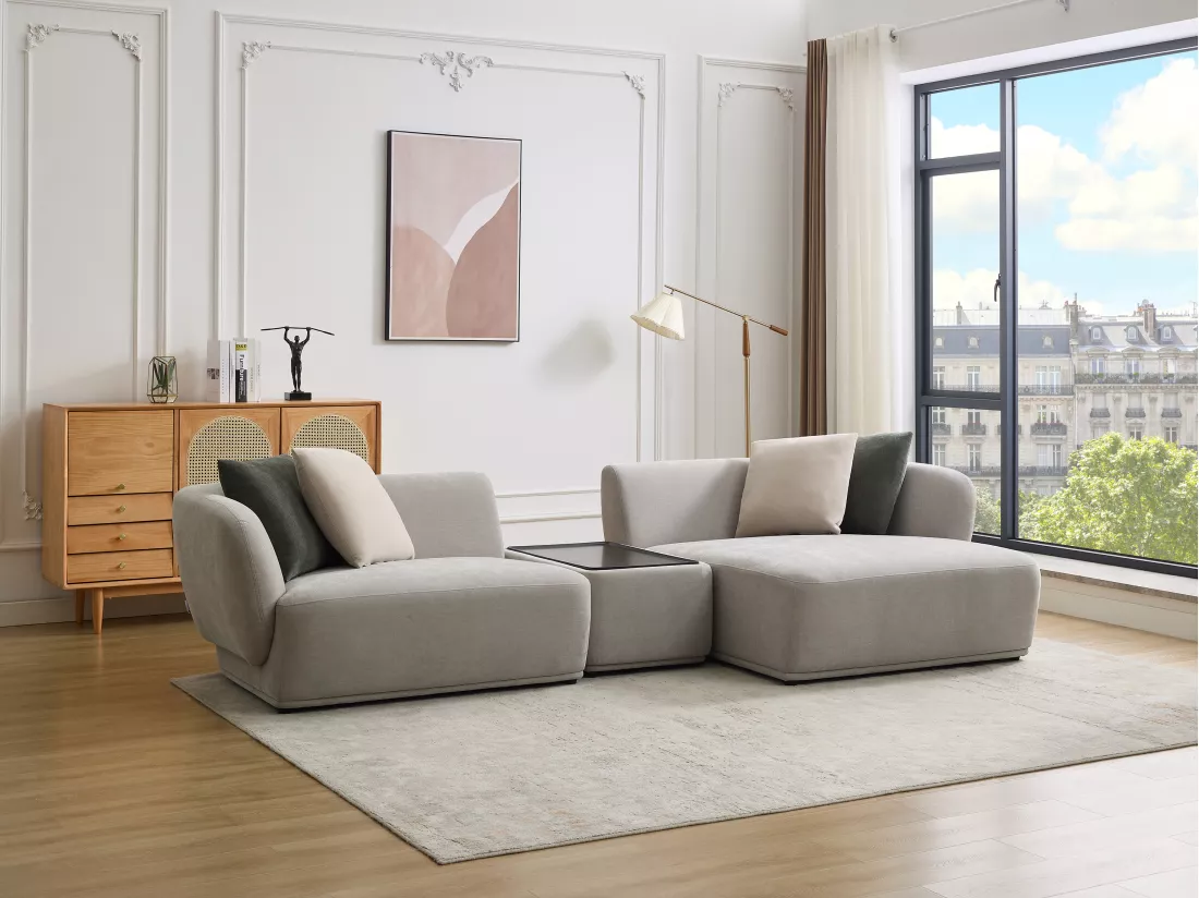 Canapé d'angle droit modulable avec tablette en tissu gris clair RANASO