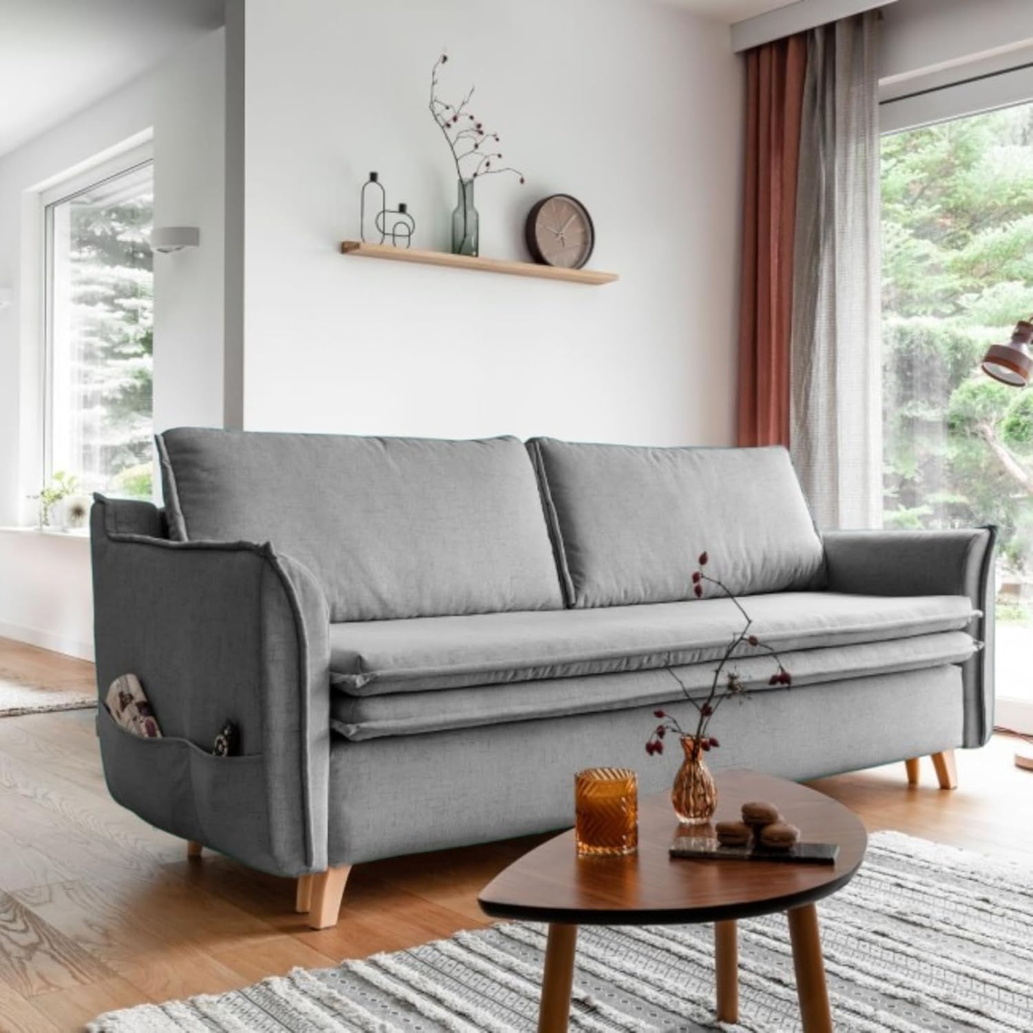 MIUFORM Charming Charlie Slim mit Bettkasten und mit Bettfunktion | 3 Sitzer Sofa | 225 x 90 x 85cm | Klappsofa mit Schlaffunktion | Schlafsofa klappbar (Grau)