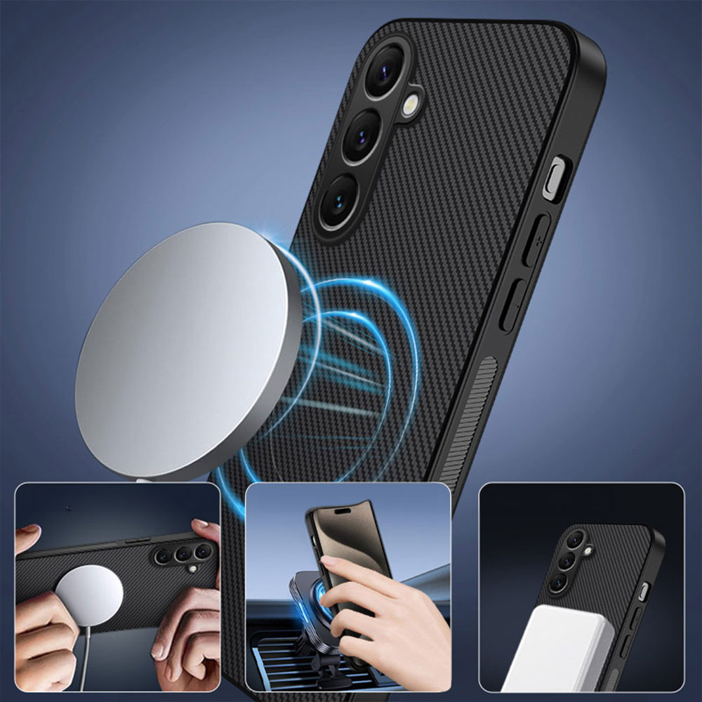 Samsung Galaxy S25 FE Hybrid Gummi Schutzhülle Carbon Look MagSafe-Modul - Schwarz / Grau