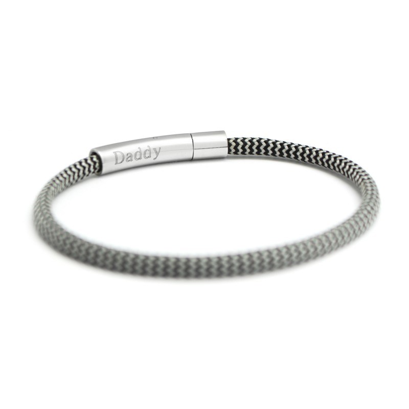 Bracelet cordon noir et gris - Acier inoxydable - Gravure DADDY