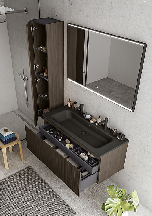Meuble sous vasque à suspendre Pura placage noyer strié 120 cm + Plan vasque en résine noir mat