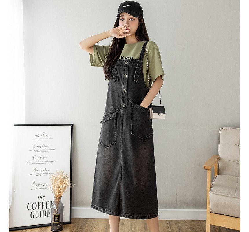 Happo - Gewassen halfknoops midi A-lijn overall denim jurk