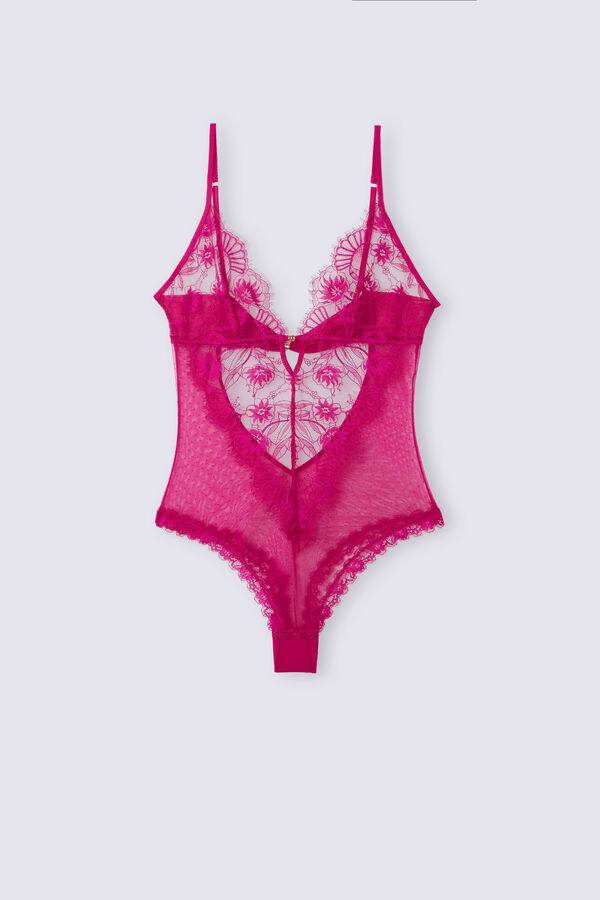 Body sensual de tule e renda com estampa floral