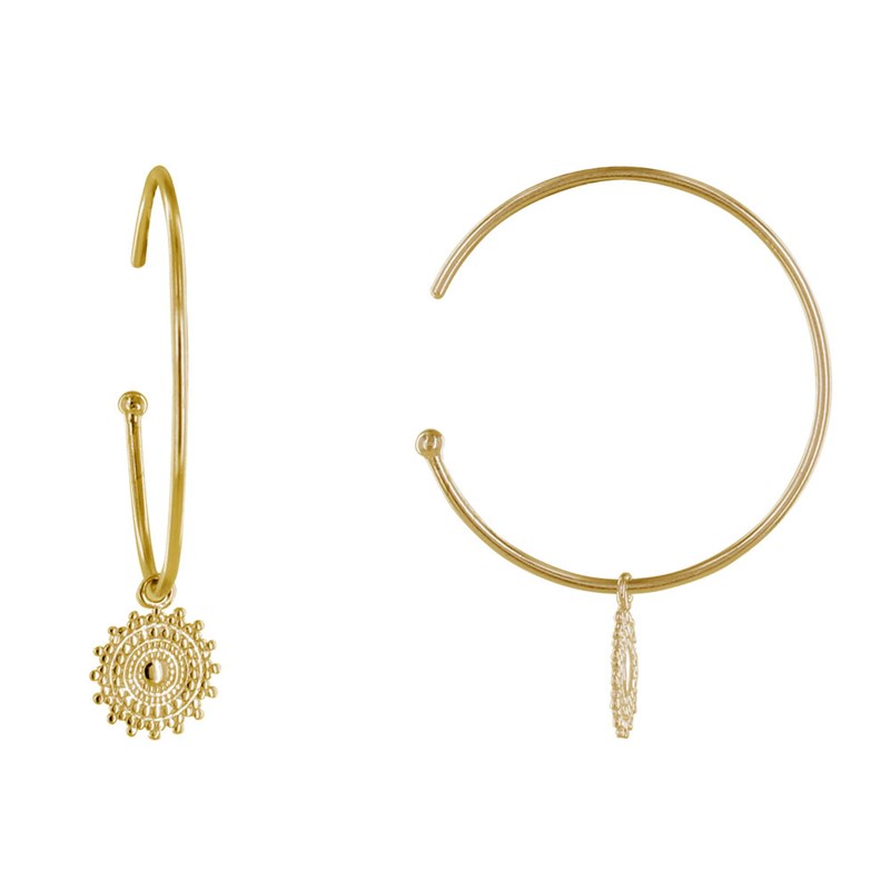 Boucles d'Oreilles Plaqué Or Demi Créoles et Soleil