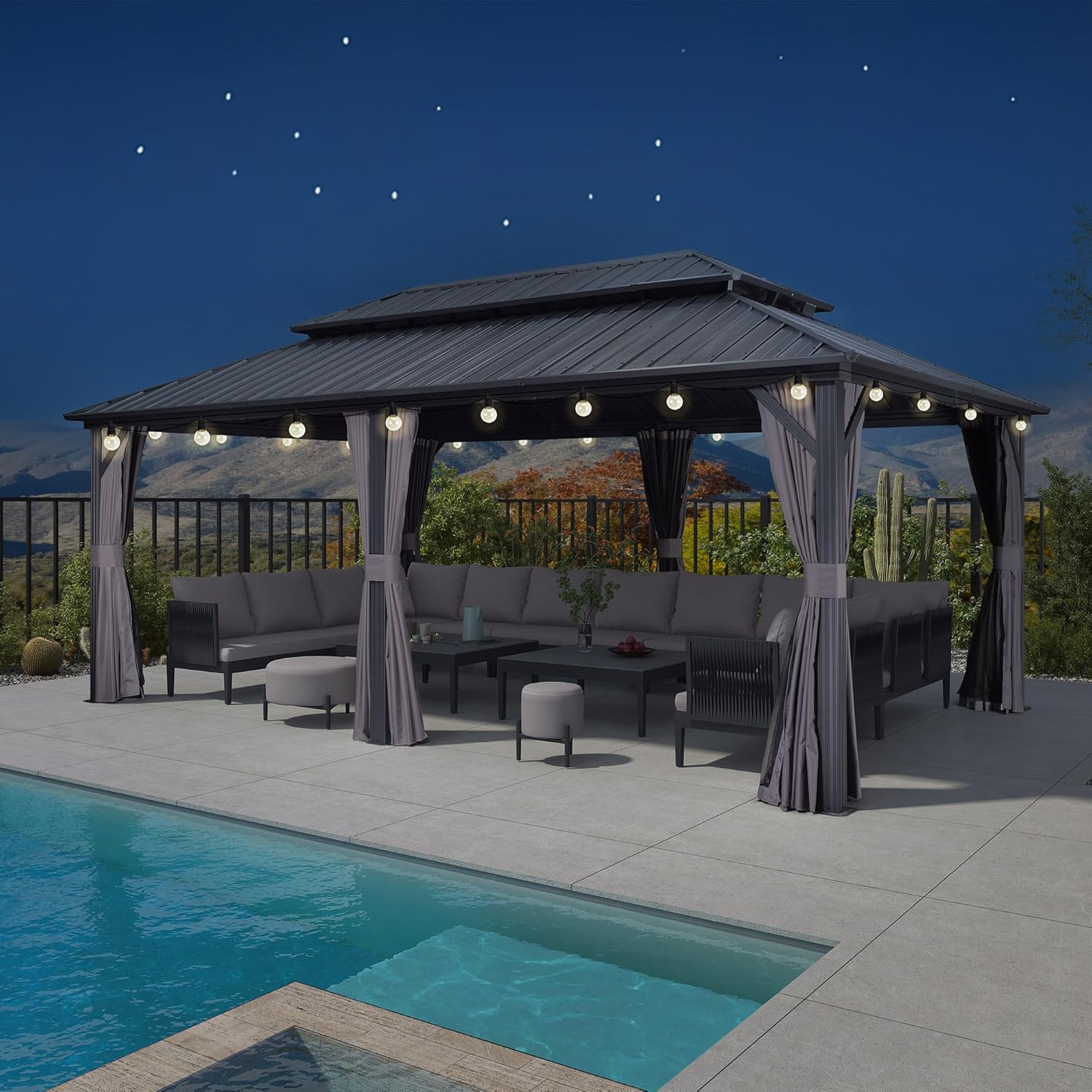 PURPLE LEAF Pavillon 3.65 x 6 m Wasserdicht Stabil Winterfest, Basisch Hardtop Pavillon mit Seitenwänden Gartenpavillon mit 21.9 m 36 LED Kugel Lichterkette für Carport, Grau
