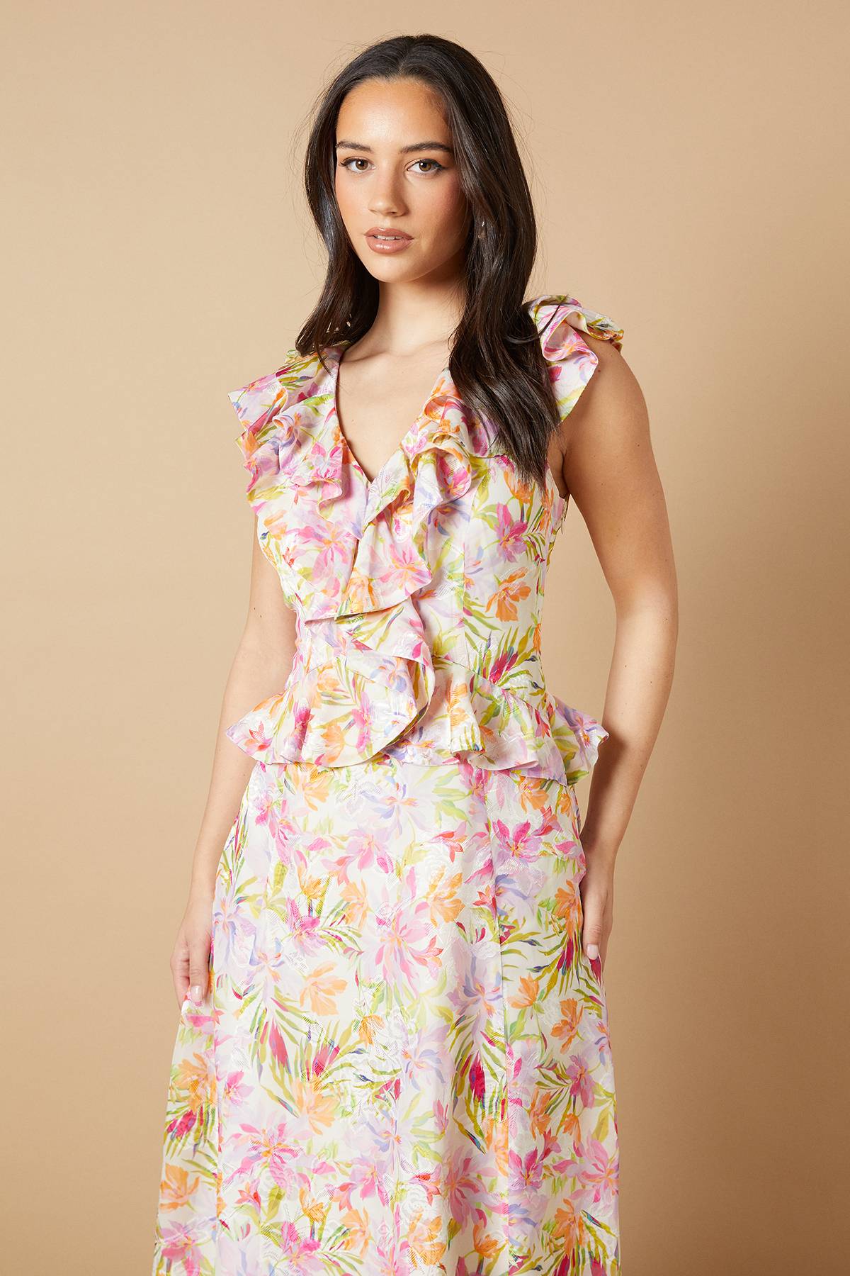 Oasis Robe Midi à Col V avec Détails de Volants Floraux