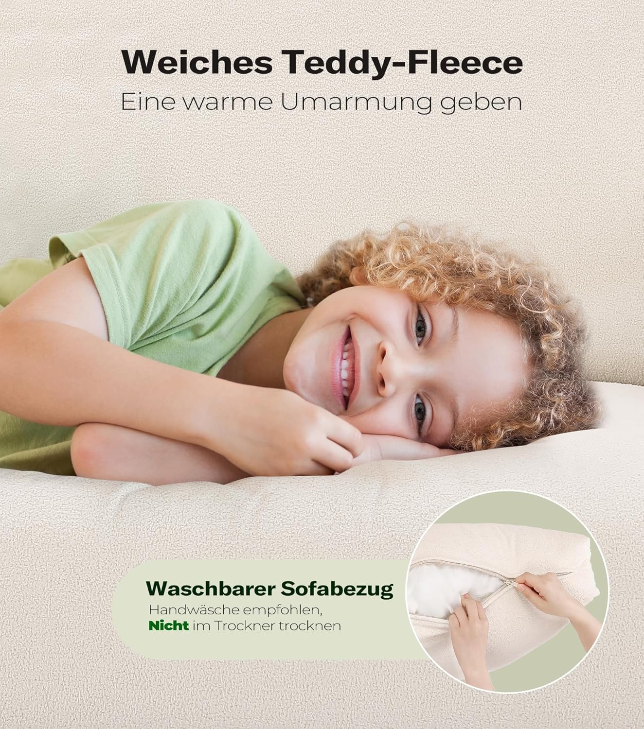 211cm Sofa 3 Sitzer, Bequeme 3 Sitzer Sofas, Teddy Fleece Sofa Couch, Werkzeugfreier Aufbau Couches für Wohnzimmer, Ganzholz 3er Sitzsofa, Kleine Couch 2 Kissen inklusive, Beige