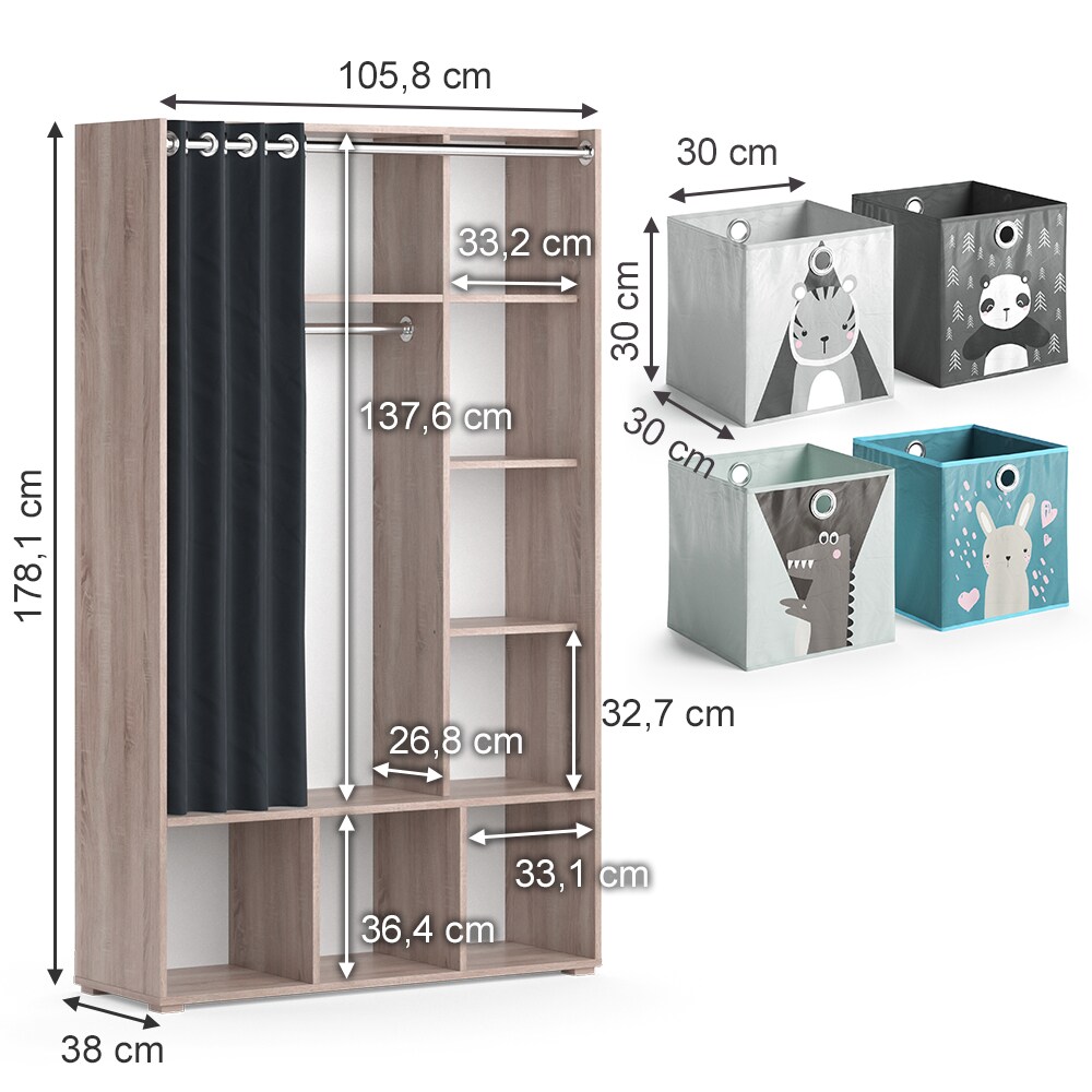 Vicco Kinderkleiderschrank Kinderzimmerschrank Kindergarderobe Luigi Sonoma Faltbox 106 x 178 cm modern Schrankregal Jugendzimmerschrank Organizer Vorhang Kleiderstange Fächer Aufbewahrung Spielzeugablage
