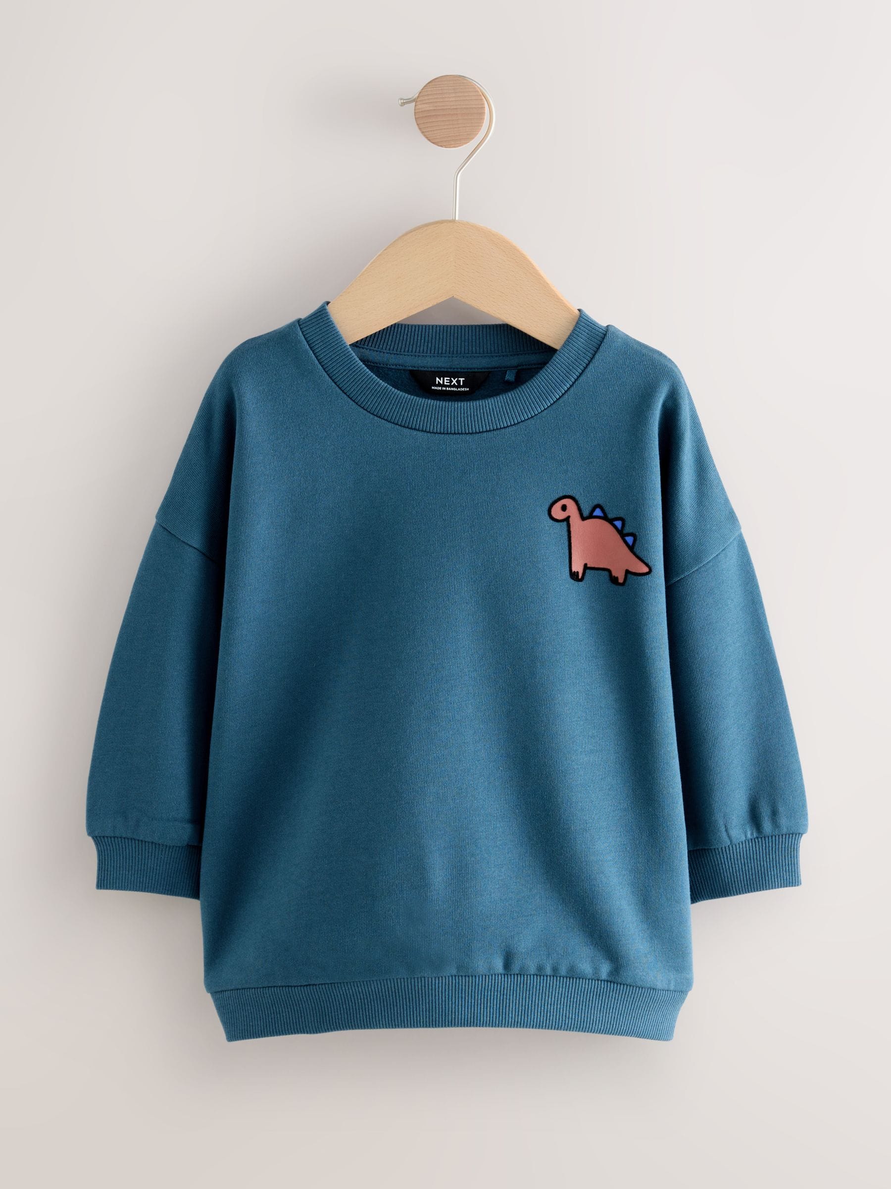 Blauw met dinosaurus - Jersey sweatshirt met ronde hals en print op de rug (3mnd -7jr)