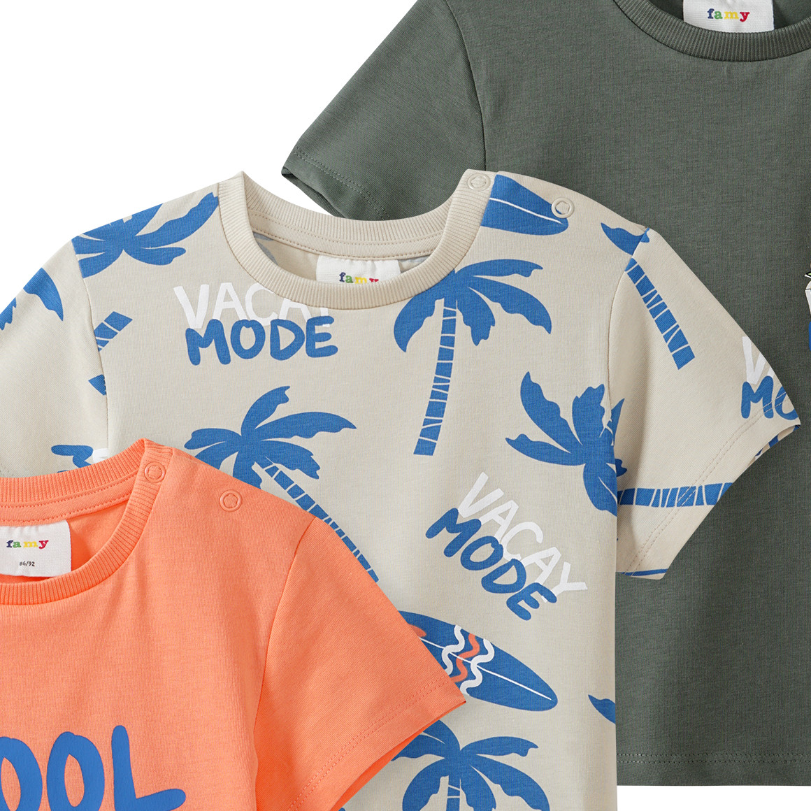 Famy 3 Baby T-Shirts in verschiedenen Dessins orange / dunkelgrün / beige