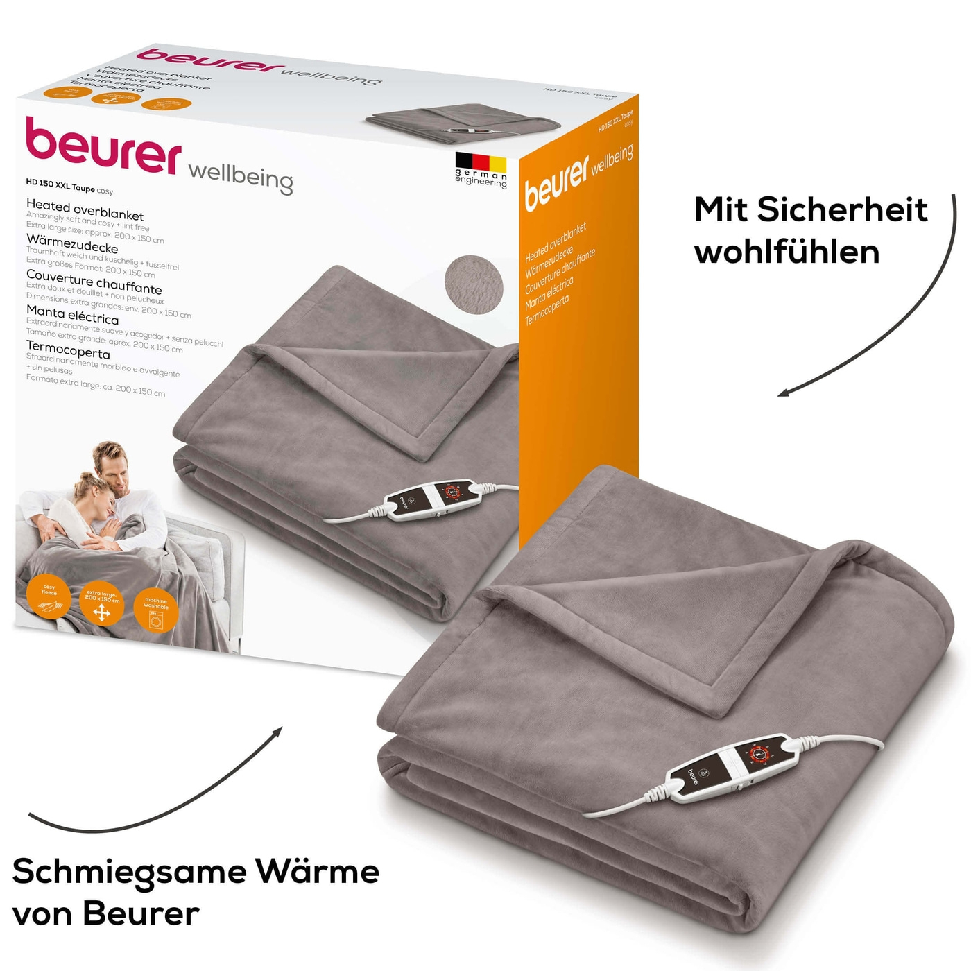 (200x150cm) HD 150 XXL Flausch Heizdecke Elektrische Wärmedecke mit 6 Hitzestufen (43105) - Nordic Taupe